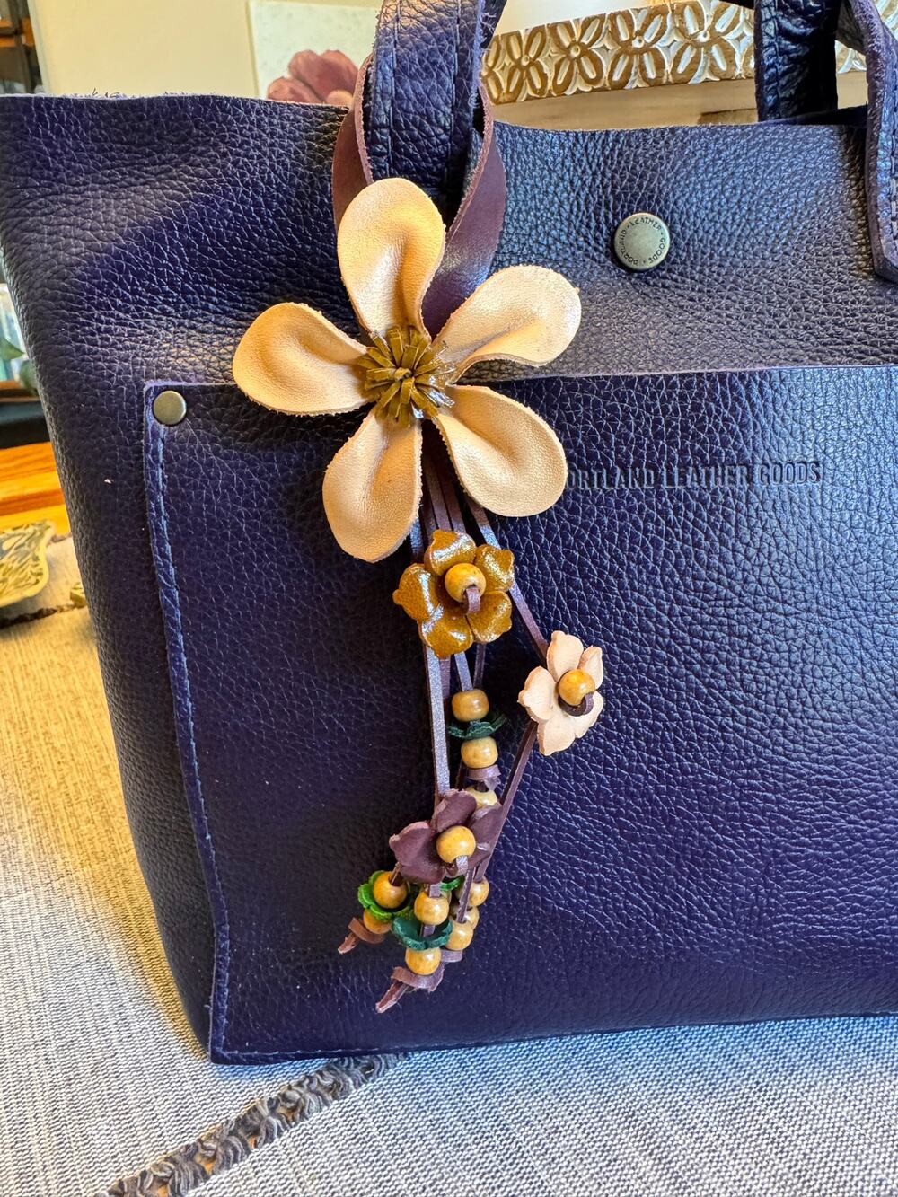 Tan Beige Daisy Flower Leather Bag Charm Genuine Leather Purse Charm Flowers